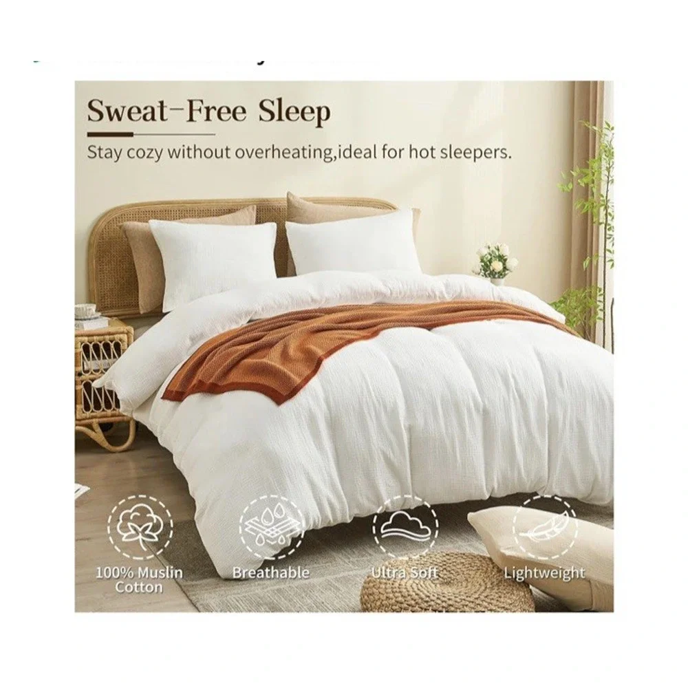 Muslin Queen Duvet Cover & Pillowcases 100% Organic Cotton Soft Textured Gauze
